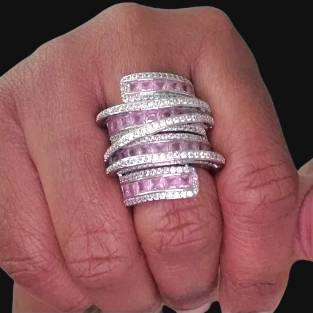 .925 Sterling Silver Pink Statement Ring The Lubiana - Picture 9 of 11
